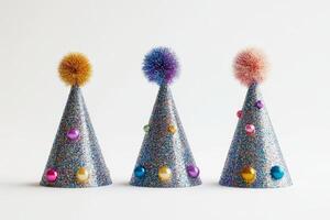 Three party hats with pom poms on top photo