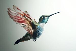 A hummingbird with a red wing is flying in the air photo