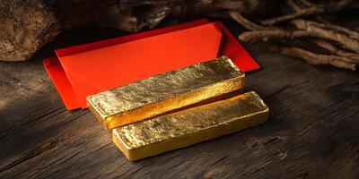 Golden Bars with Red Envelope on Rustic Wooden Surface Symbolizing Wealth photo