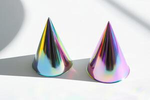 Vibrant Iridescent Party Hats Casting Shadows on a White Background in Bright Sunlight photo