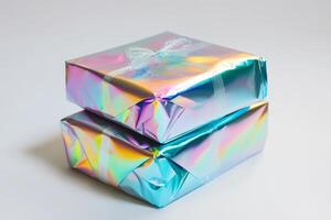 Vibrant Iridescent Gift Boxes with Holographic Wrapping and Decorative Bows photo