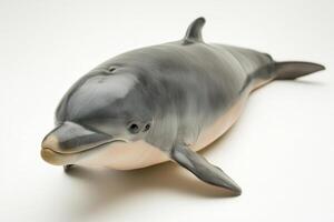 A dolphin is laying on its side on a white background photo
