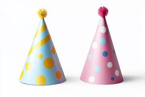 Colorful Party Hats with Polka Dots and Stripes on White Background photo