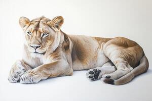 Majestic Lioness Resting on White Background Showcasing Strength and Grace in Stunning Detail photo