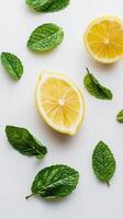 A lemon is cut in half and surrounded by green leaves photo