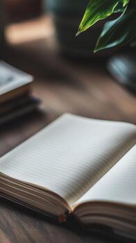 A book is open on a table with a plant in the background photo