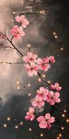 Beautiful Cherry Blossom Branches with Soft Pink Flowers and Warm Glowing Lights photo