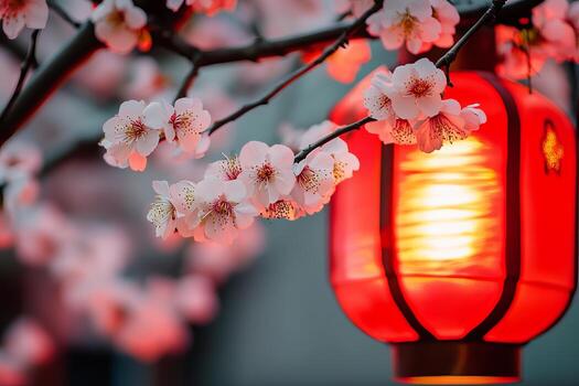A red lantern hangs from a tree with pink blossoms photo