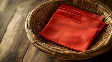 Neatly Folded Red Napkins in a Rustic Woven Basket on a Wooden Table Surface photo
