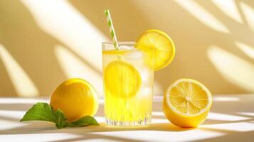 A glass of lemonade with a straw in it and a lemon slice on the side photo