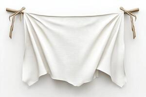 Minimalist White Fabric Draped on Wall with Wooden Pegs for Interior Design and Home Decor Concepts photo