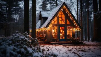 A cozy cabin with a blue door and a Christmas tree on the roof photo