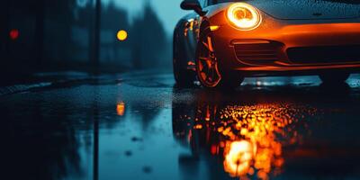 Sleek Sports Car with Headlights On Reflecting on Wet Street at Night in Urban Setting photo