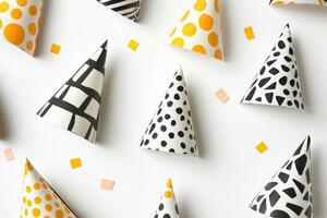 A bunch of party hats with polka dots and stripes photo