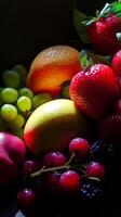 Vibrant Assortment of Fresh Fruits with Strawberries, Grapes, and Citrus in Dramatic Lighting photo