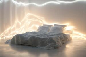 A bed with white sheets and pillows photo