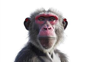 A monkey with red ears and a pink nose is looking at the camera photo
