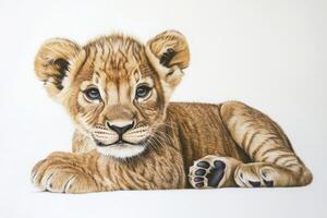 Adorable Lion Cub Resting on White Background photo