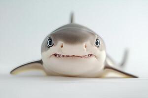 A baby shark is smiling and has its mouth open photo