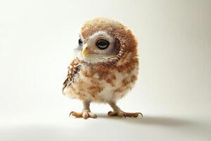 A baby owl is standing on its hind legs and looking at the camera photo