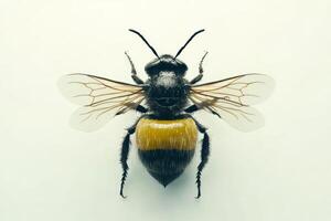 A close up of a bee with its wings spread out. photo