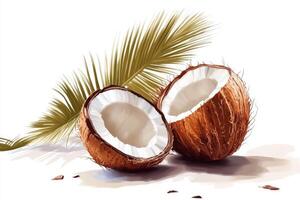 Fresh Coconut Halves with Palm Leaf on White Background photo