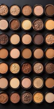 Compact powders and foundations arranged in a linear grid with even spacing. photo