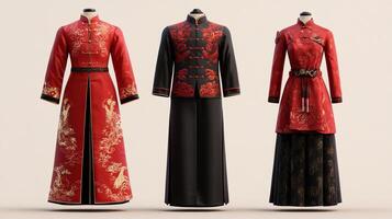 Three Chinese-style red and black outfits are shown in a 3D image photo