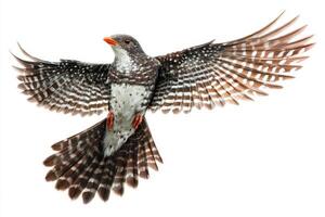 A bird with black and white feathers is flying in the air photo