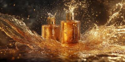 Two bottles of perfume are shown in a splash of water photo