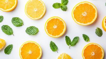 A close up of a white background with a bunch of oranges and green leaves photo