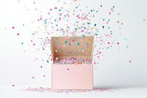 Colorful Confetti Explosion from Open Gift Box on White Background photo