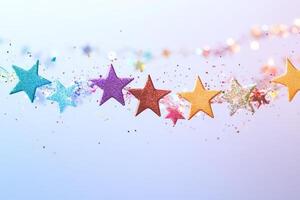 Colorful Glittery Star Garland on Soft Pastel Background photo
