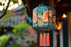 Traditional Chinese Lantern with Floral Design Hanging Outdoors at Dusk in a Tranquil Garden Setting photo