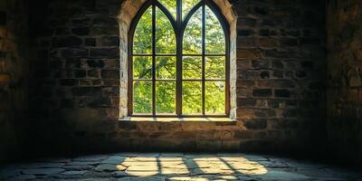 A window in a room with a brick wall photo