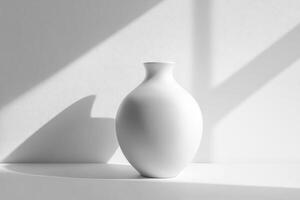 Minimalist White Ceramic Vase in Sunlit Room with Soft Shadows and Clean Aesthetic Design photo