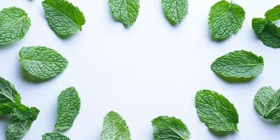 A bunch of green mint leaves are arranged in a circle on a white background photo