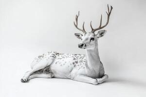Majestic White Deer Resting Gracefully Against a Minimalist White Background in a Studio Setting photo