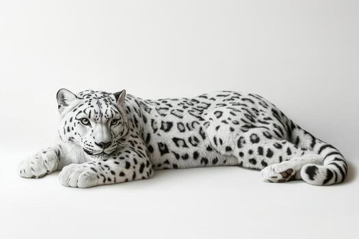 Majestic Snow Leopard Resting on White Background in Studio Setting photo