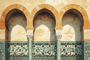 Three arches with a white wall behind them photo