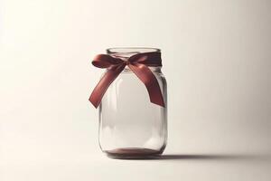 Elegant Empty Glass Jar with Red Ribbon Bow on Minimalist Neutral Background photo