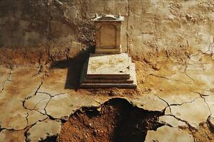 A stone tombstone is sitting on a pile of rubble. The tombstone is surrounded by a large hole in the ground photo