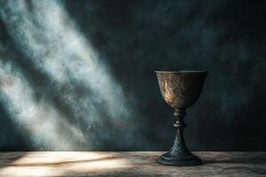 A silver cup sits on a table in front of a wall. The cup is empty and the table is empty photo
