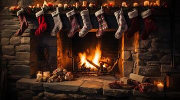 A fireplace with a mantle decorated with Christmas stockings and candles. The fire is burning brightly, creating a warm and cozy atmosphere photo