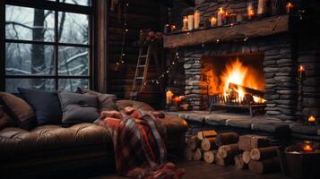 A cozy living room with a fireplace and a red blanket on the couch. The fireplace is lit and there are candles on the mantle. The room has a warm and inviting atmosphere photo