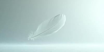 A feather is floating in the air, with a white background. The feather appears to be light and delicate, and it seems to be floating effortlessly. Concept of freedom and grace photo