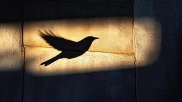 A bird's shadow in flight on a sunlit wall, creating a dramatic silhouette in an urban environment. photo