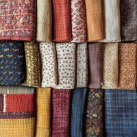 A vibrant collection of fabric rolls showcasing diverse textures and patterns, ideal for fashion and interior design inspiration. photo
