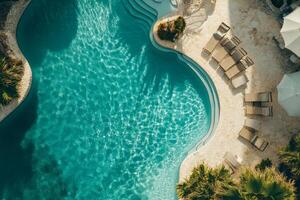 A pool with a lot of chairs and umbrellas. The pool is blue and the chairs are tan photo