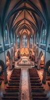 Majestic view of a Gothic cathedral interior featuring intricate stained glass windows and soaring vaulted ceilings. photo